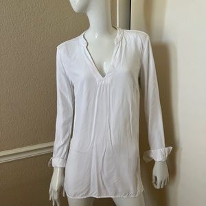 Splendid Bright White 100% Rayon Split Neck Blouse w/Contrast Ribbed Panel Sz XS